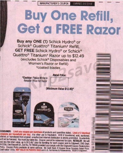 Buy one Refill get a Free Razor Schick - SS 3-17-19