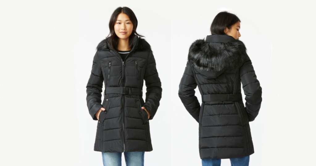 Coat Nautica Faux Fur Trim Hooded Belted Puffer