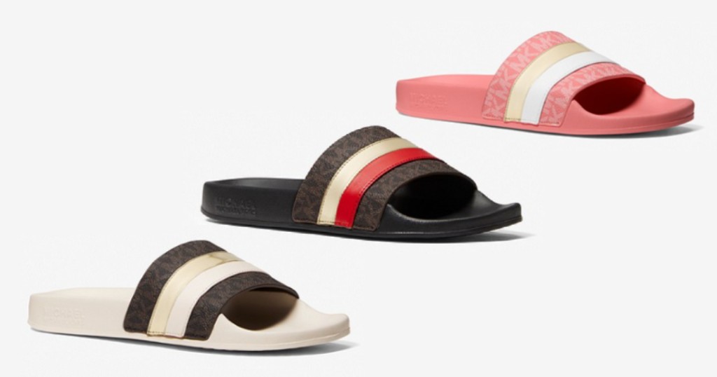 Michael Kors Brandy Metallic Striped Logo Slide Sandals
