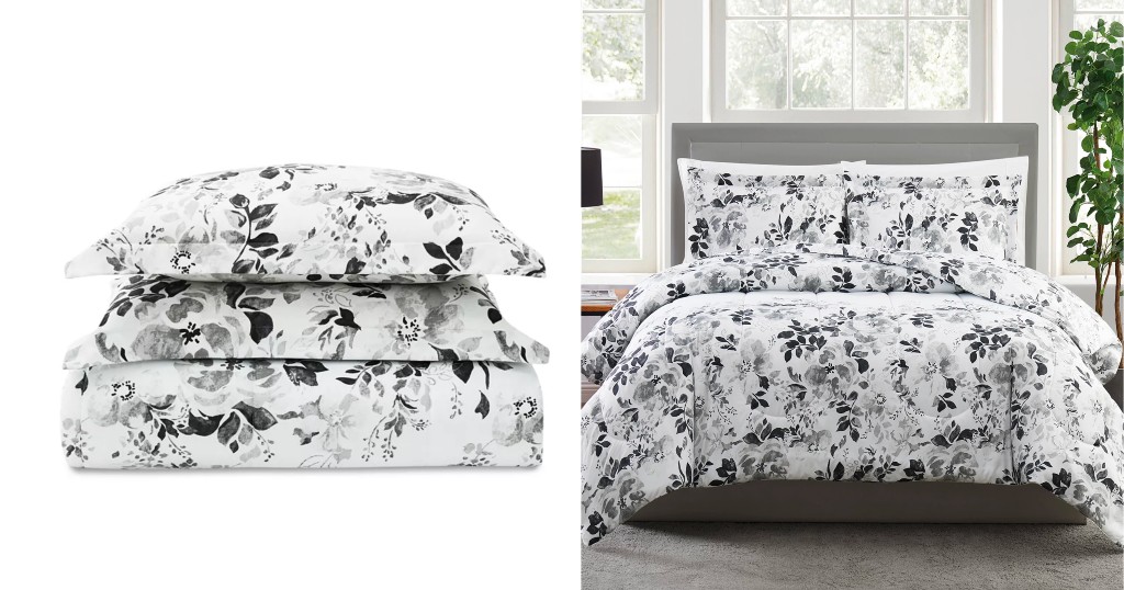 Set-de-Comforter-Pem-America-Black-and-White-Floral-Print
