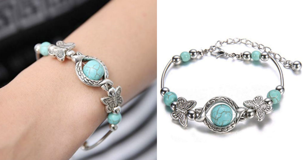 Brazalete Turquesa Natural con Mariposas
