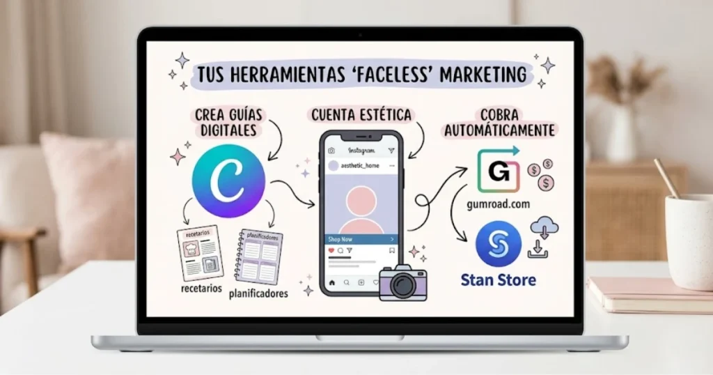 Infografía de herramientas para Faceless Digital Marketing con Canva, Instagram y Stan Store.