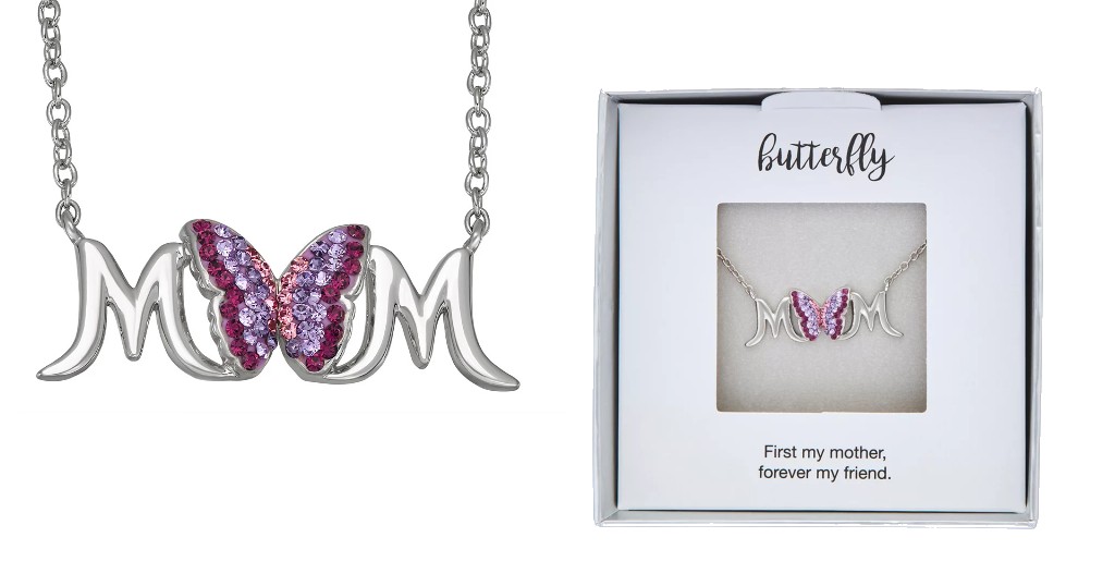 Crystal Butterfly Mom Pendant Necklace