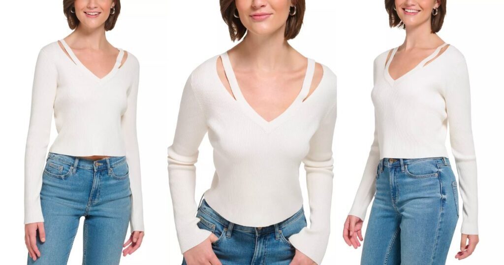 Camisa-Calvin-Klein-Cropped-Rib-Knit-Slashed-V-Neck