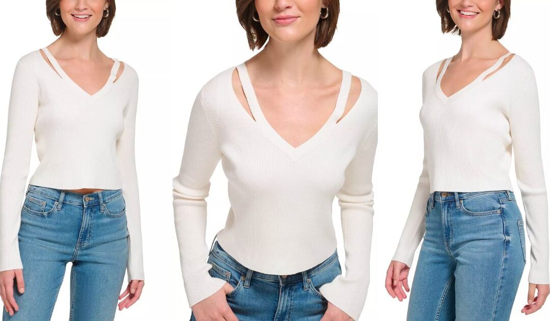 Camisa Calvin Klein Cropped Rib Knit Slashed V Neck a solo $12.46 (Reg. $69.50)