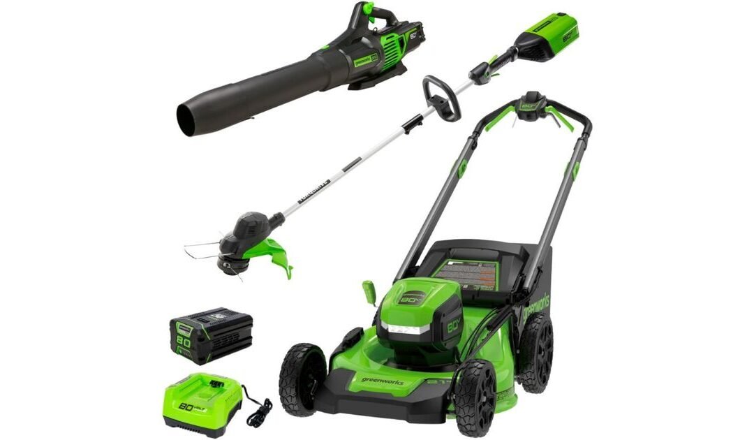 Greenworks – Lawn Mower, Trimmer & Leaf Blower Combo SOLO $579.99 (Reg. $1,100)