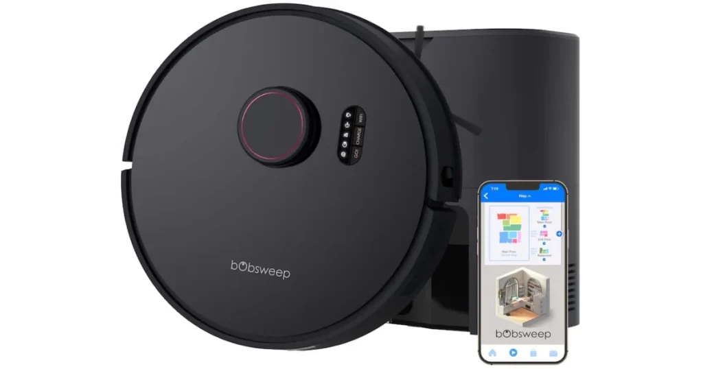 Robot aspirador bObsweep Orb-i color negro con su estación de autovaciado