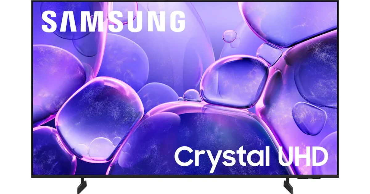 Televisor Samsung Crystal UHD de 65 pulgadas modelo 2025 con diseño minimalista y pantalla 4K vibrante.